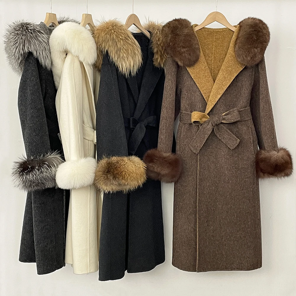 OFTBUY Women's Woolen Coat Real Fur Jacket Women Fashion Long Wool Jacket Hooded Clothes Female Belt Real Fox Fur Coat Woolen