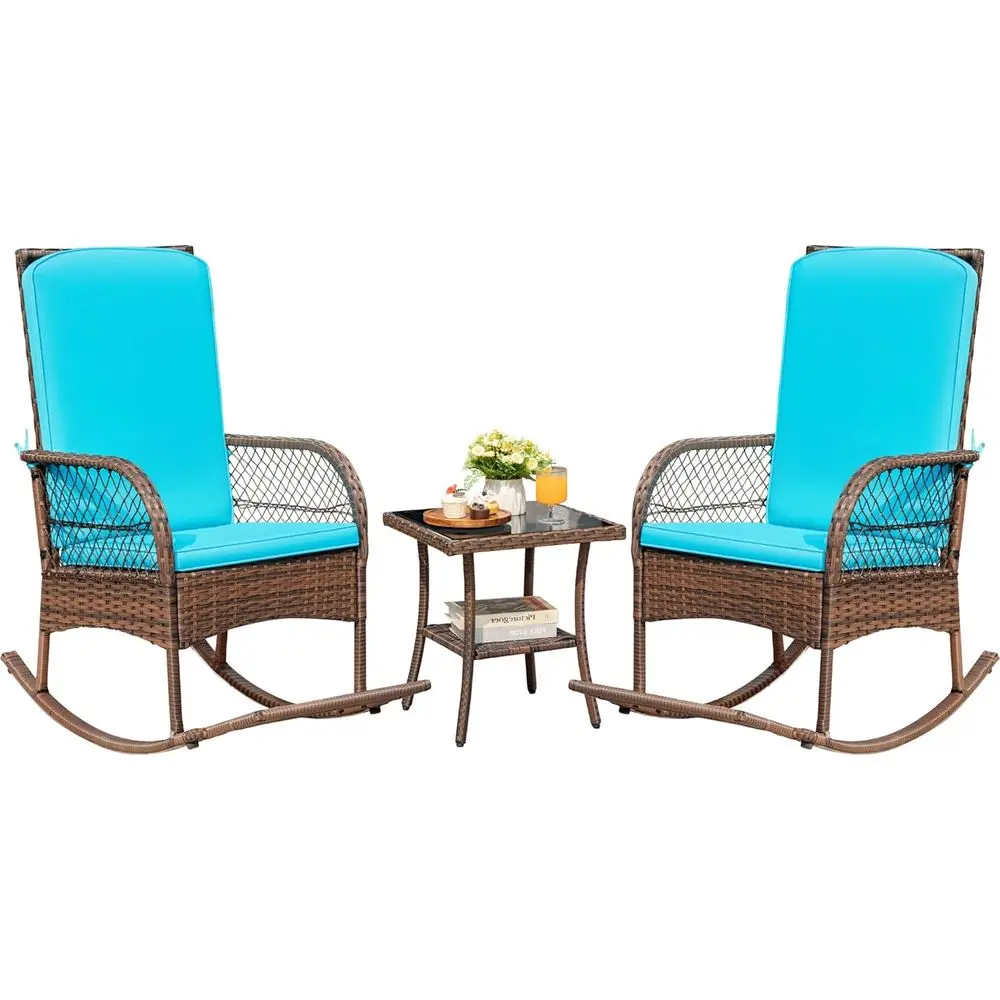

3-Piece Outdoor Wicker Rocking Chair Set with Cushions and Side Table, Ideal for Patio, Balcony, or Garden in Blue