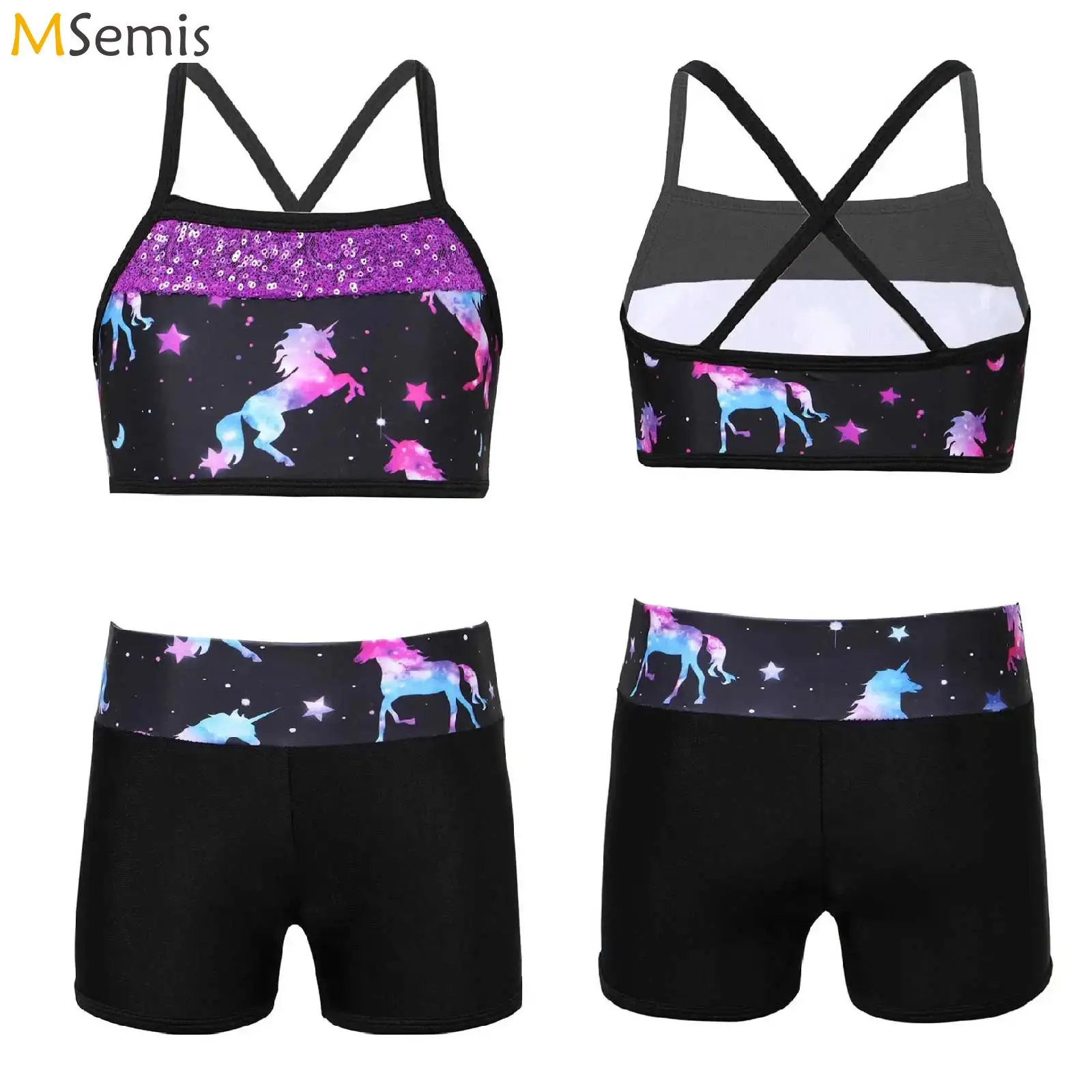 

Kid Girls Swimsuit Rhythmic Gymnastics Crop Top Shorts Tankini Set Sequins Mermaid Scales Practice Ballet Class Dancewear Outfit