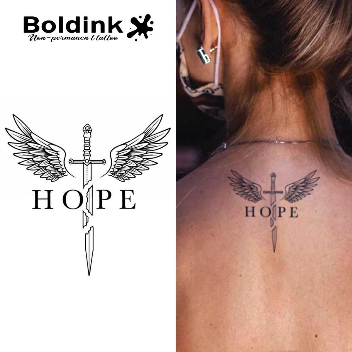 

Boldink Sword of Hope Tattoo Patch | Wing Blade Totem Design | "HOPE" Inspirational Manifesto | Non permanent Waterproof Tattoo