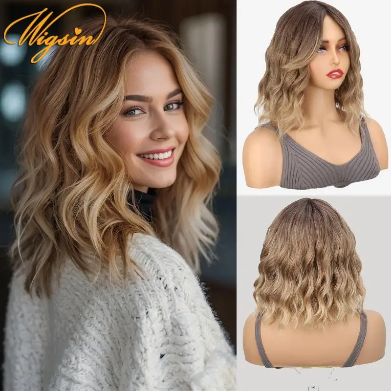 WIGSIN 12Inch Synthetic Platinum Blonde Highlight Short Wace Curly Wigs