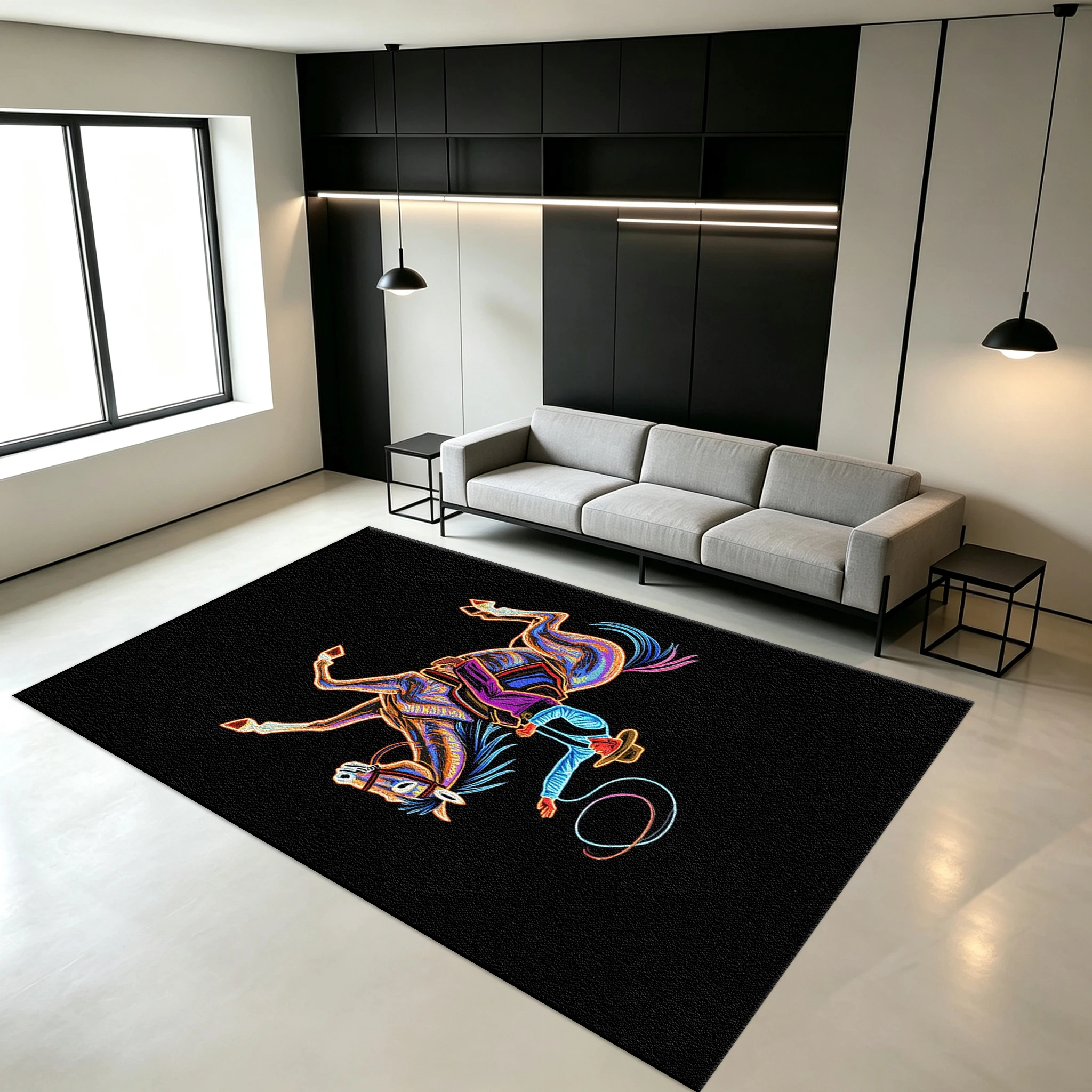 Neon Bronco Wrangler Rodeo Carpet Western Pop Art Print Rug Non-Slip Floor Mat Suitable for Men's Lounge Living Room Home Decoration