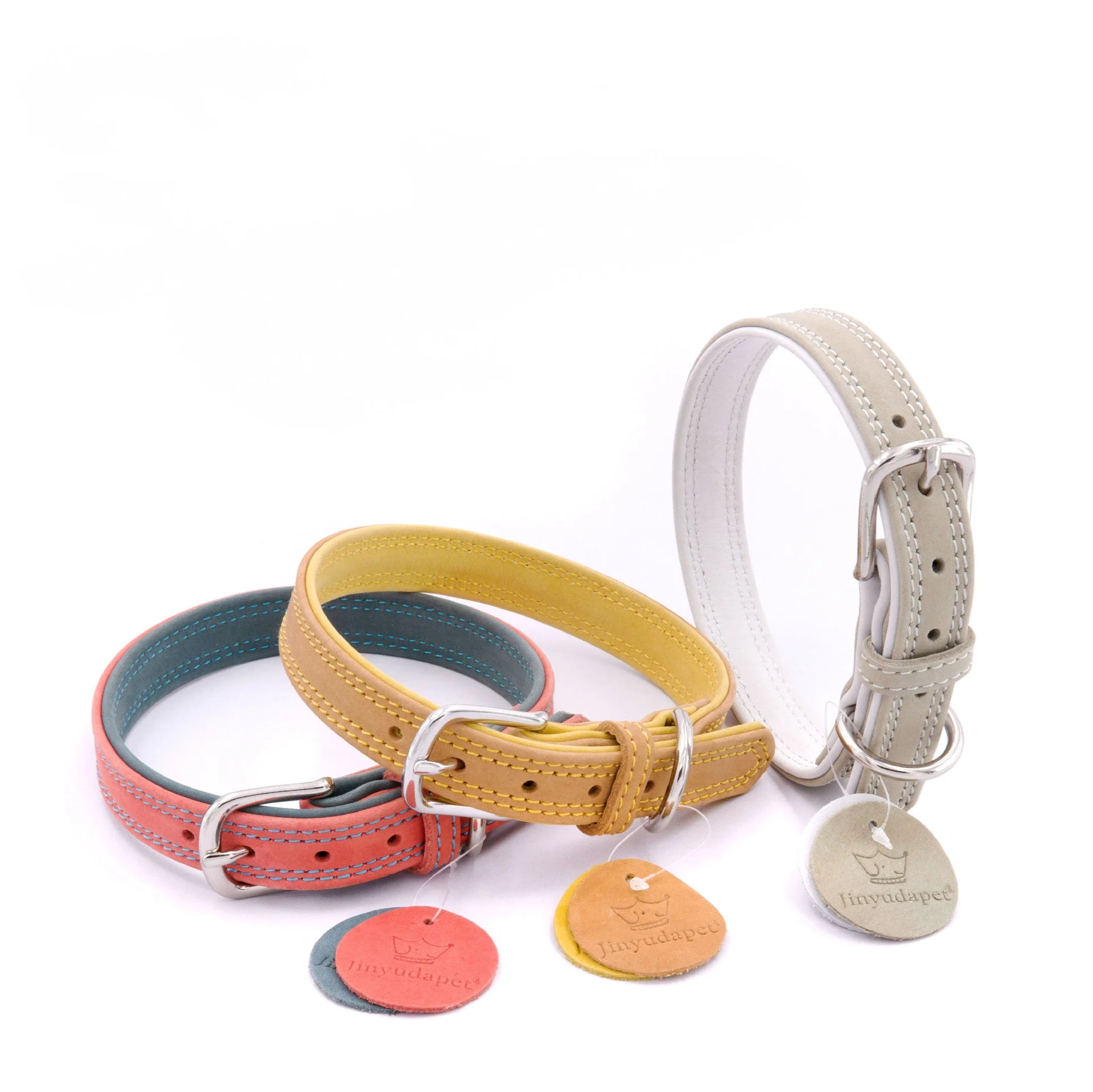 Top-Grain Yellow Cowhide dog collar real leather adjustable waterproof pet collar soft Double-layer Two-tone Matching dog leads