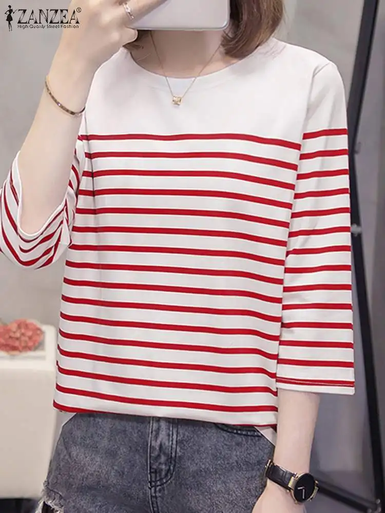 2024 ZANZEA Summer Women Tops Tunic Fashion 3/4 Sleeve Striped Blouse Elegant OL Work Shirt Causal O Neck Blusas Loose Chemise