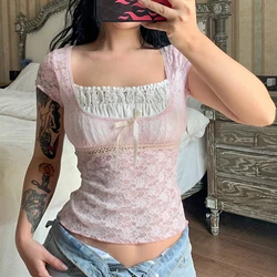 Fairycore Grunge Cute Lace Jacquard Crop Top Short Sleeve Square Neck Bow Tee Women Chic Kawaii Pink T-shirt Y2K Streetwear