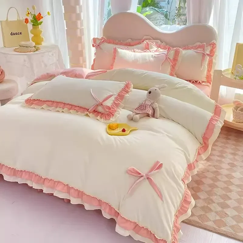 Korean Princess Style Bedding Set Girl Heart Solid Color Double Bed Sheets Washed Cotton Ruffled Bed Cover Skirt Sheet Quilt Se