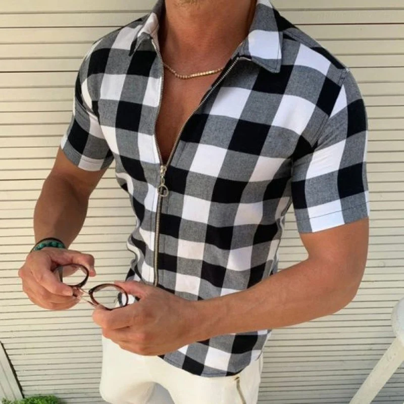 

Fashion Zipper Lapel Plaid Printed Shirts Men Summer Casual Slim Fit Short Sleeve Cardigans Tops Mens Streetwear Vintage Shirt