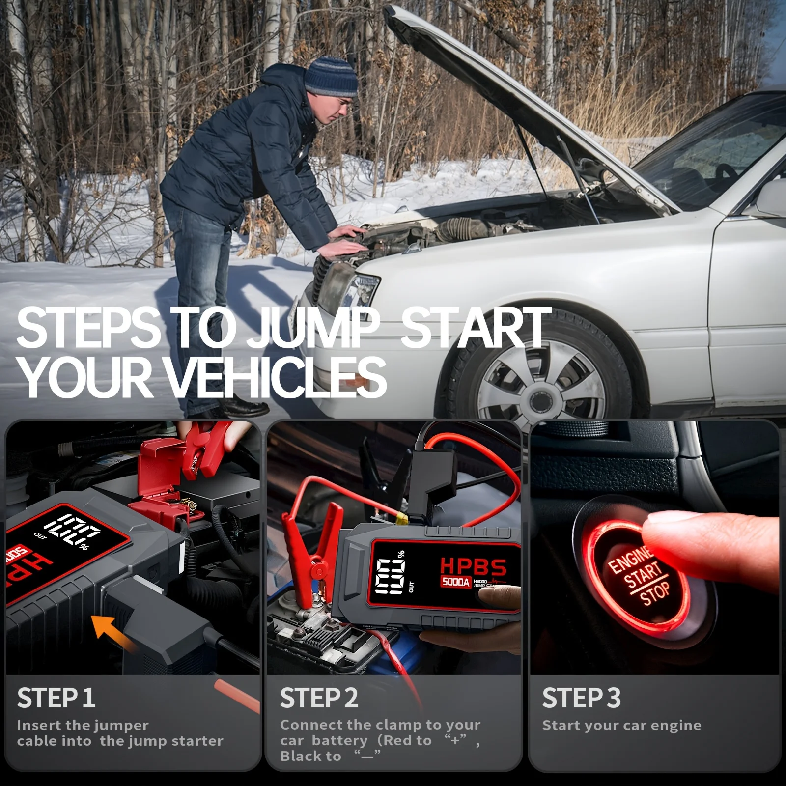 Portable 12V Car Jump Starter & Battery Charger for Cars, Motorcycles, SUVs, Lawn Mowers — Fast, Safe Boost for Dead Batteries; Built-in High-Capacity Power Bank, Dual USB Ports, Real-Time LED Display, Emergency Flashlight, and Essential Car Tools view 4