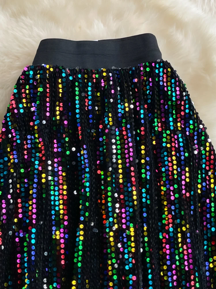 Spring Autumn Sequin Long Skirt Women High Waist Slim A-line Elastic Waist Bling Sparkling Skirt