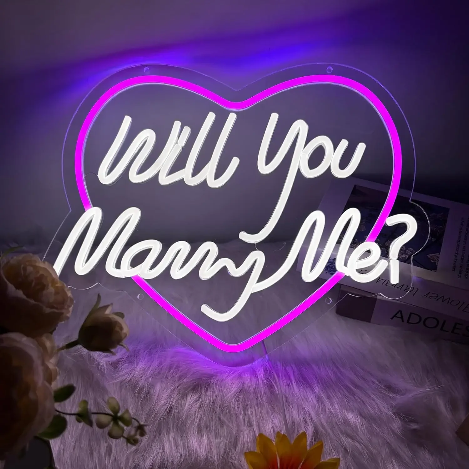 Will You Marry Me Romantic Heart Neon Sign LED USB Dimmable for Wedding Proposal Bedroom Anniversary Wall Decor Engagement Gift