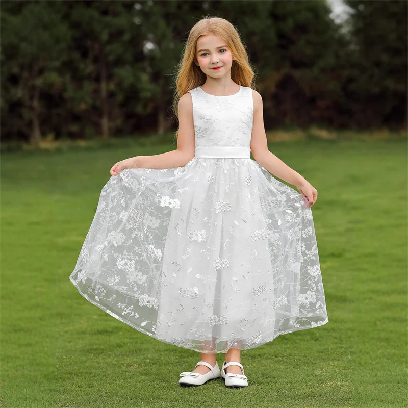 Baby Kids Princess Satin Lace Sashes Flower Girl Dress Children First Communion Dress Ball Gown Wedding Party Dress Birthday