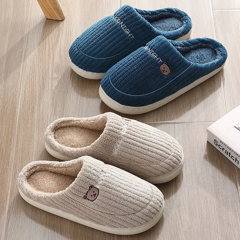 Heren Huis Slippers Zachte Dikke Zool Vrouwen Indoor Slaapkamer Schattige Cartoon Beer Warme Pluche Schoenen Koppels Winter Platform Harige Glijbanen