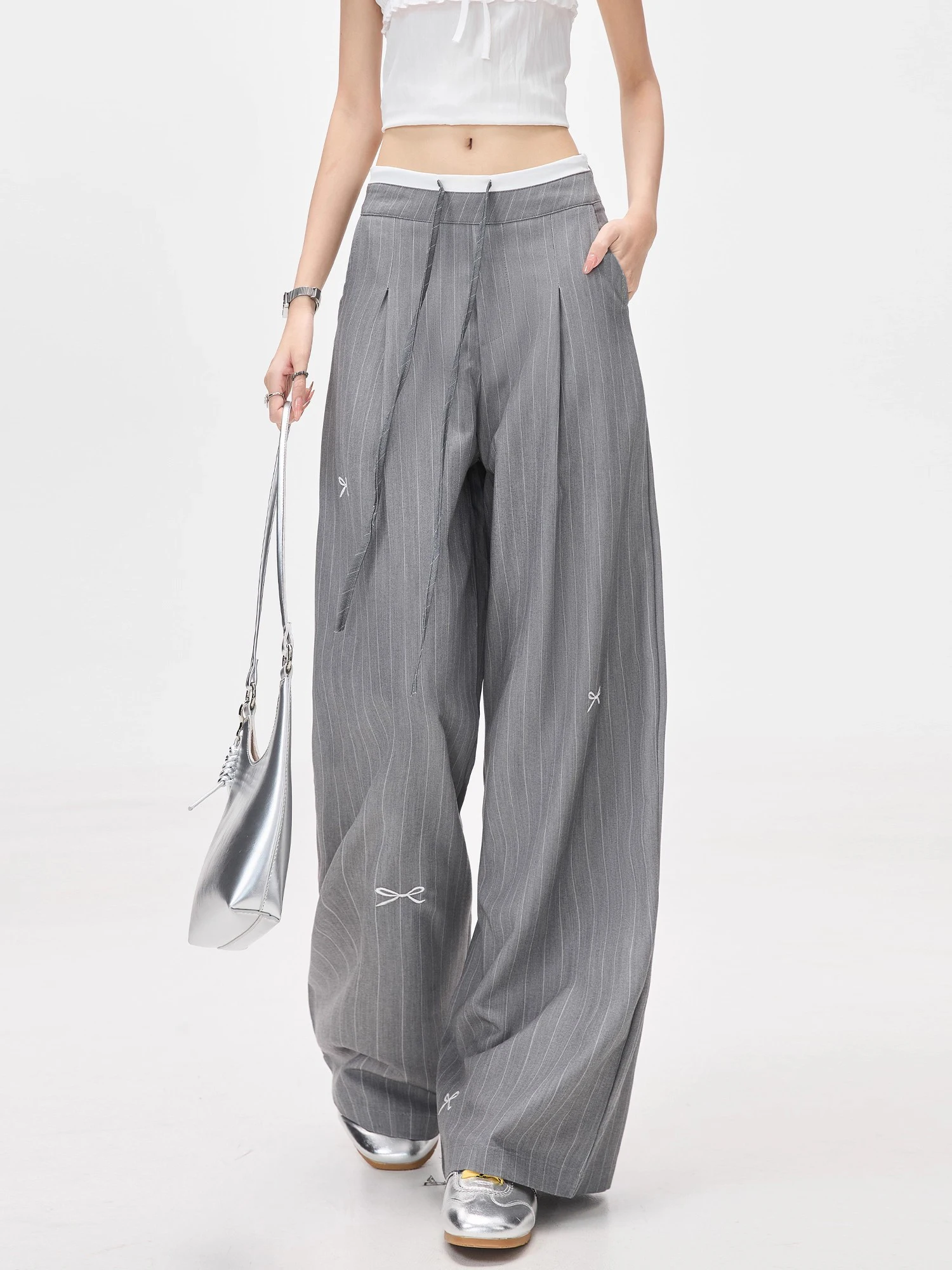 Y2K Harajuku Pants Japanese Streetwear Bow Print Stripe Suit Wide Leg Trousers High Waisted Loose Fit Lace Up Casual