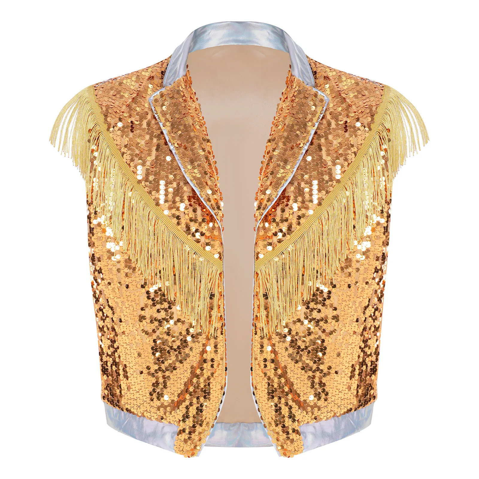 Men Sequined Vests Jazz Dance Disco Costume Hip Hop Vest Sleeveless Waistcoat Tassel Metallic Shiny Tank Top for Nightclub Stage