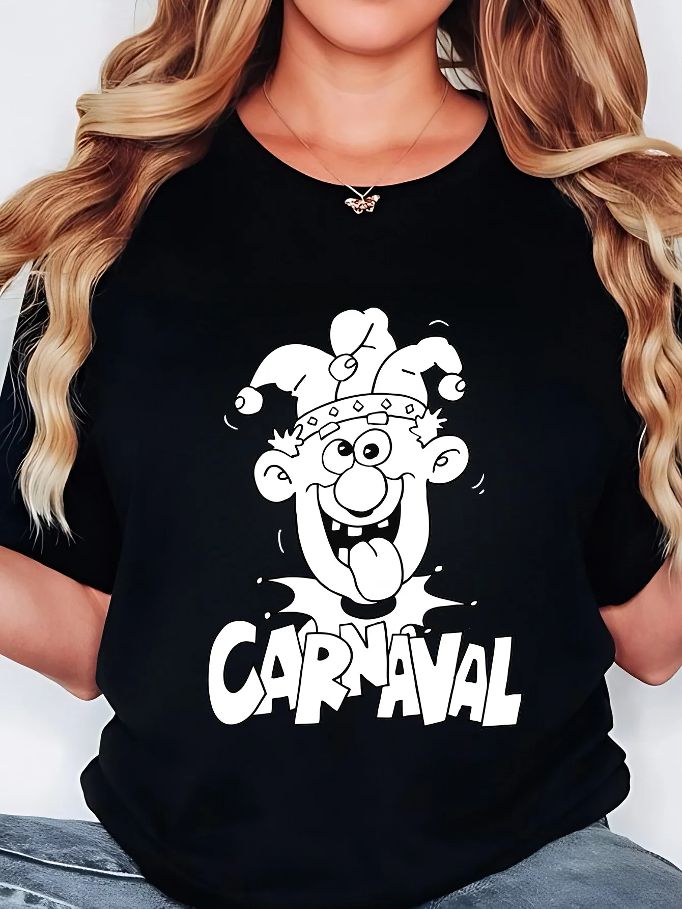 Plus Size, Women's Plus Size Carnaval Costume T-Shirt - Carnival Dance Print Loose Fit Short Sleeve Top Suitable for Carnival Parties, Casual Wear & Themed Events - Spring Summer Comfortable Round Neck Blouse