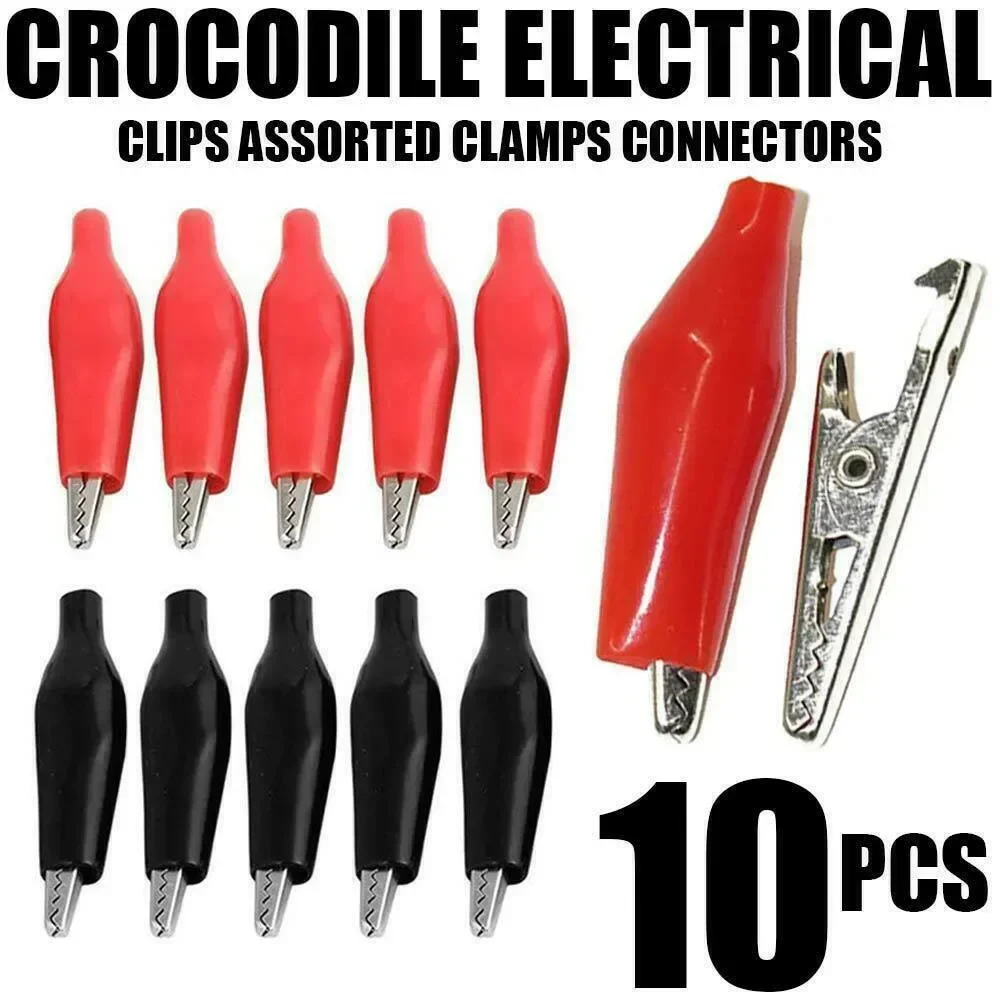 10pcs Metal Clip 5A Crocodile Electrical Clamp For Testing Probe Meter Jumpers Black And Red With Plastic Boot Rated