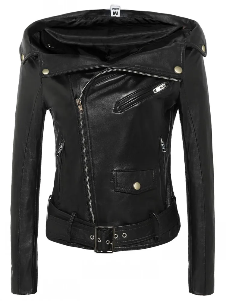 Fashion Women Off Shoulder Jacket Slim Fit Belted Waist Sheepskin Genuine Leather Jacket Sexy Punk Style Stage Show Outwear Coat