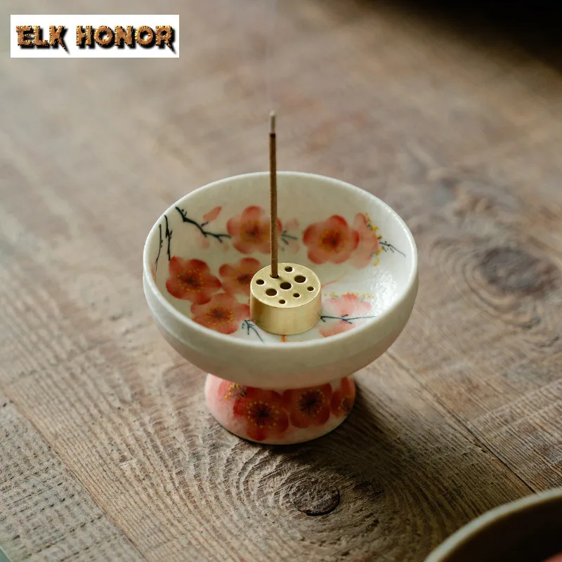 Hand-painted Plum Blossom High Foot Incense Holder Zen Garden Incense Burners Meditation Censer Indoor Accessories Ornaments