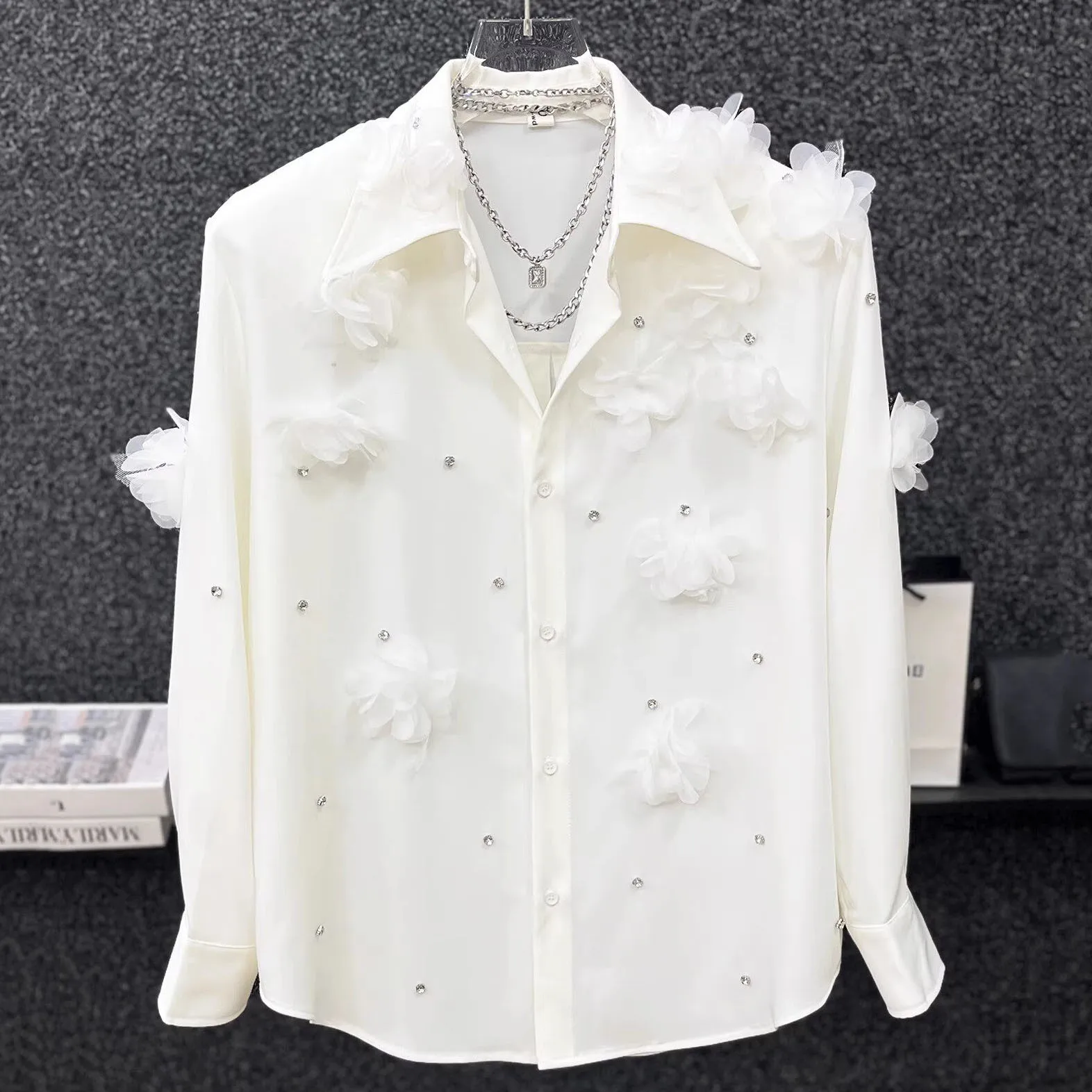 Men's Flower Appliques Dress Shirt Spring French Fashion Elegant Rhinestone High Street Solid  Color Long Sleeve Shirts