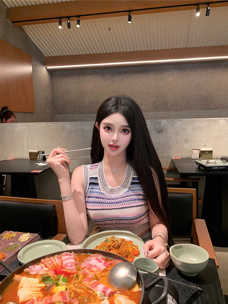 

Sweet Sle Viola Knitted Vest Mixed Weave Stripes U-Ne Svel Stretchy ort Length Summer Faion Women's Top