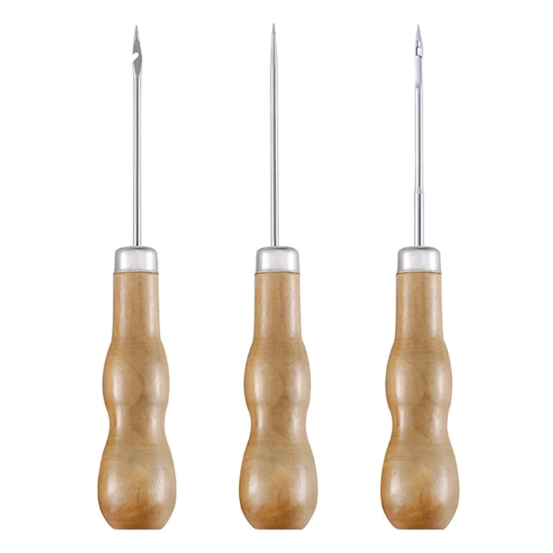 3Pcs/Set Wooden Handle Sewing Awl Hand Stitcher Leathe Punch Tool DIY Shoe Repair Hook Leather Accessories