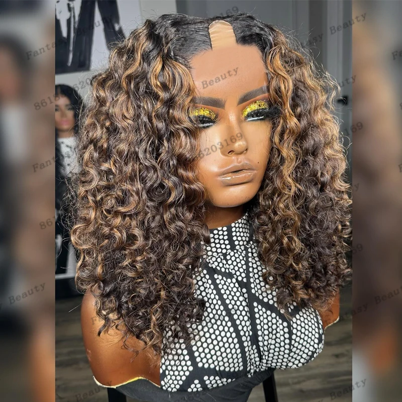 

250Density Short Bob Brown Highlight1x4 Opening U Part Human Hair Black Women Wigs Natural Hairline Remy Adjustable V Part Wigs