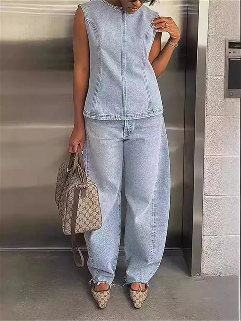 

Streetwear 2 Piece Sets Women Outfit Fall Clothes 2024 Women Sleeveless Denim Vest Top and Jeans Pants Sets Sweatsuits Woman Set