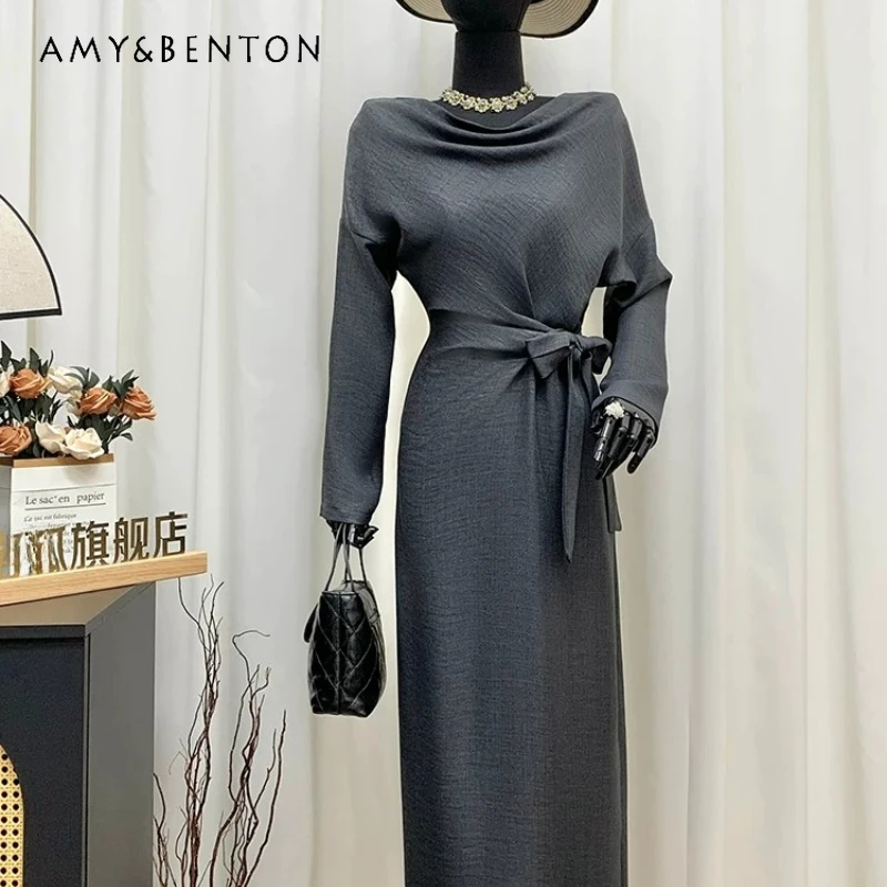 

Dark Gray Long-sleeved Stacked Collar Women's Dress 2026 Spring Summer Elegant Temperament High-waisted Slimming Dresses Ladies