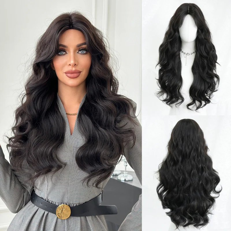 

curly wig for women, long hair with bangs, realistic synthetic fiber full headpiece