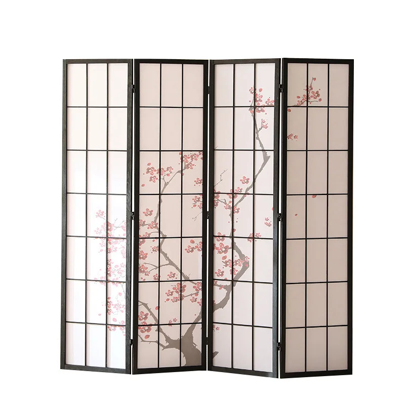 Black frame Japanese screen folding mobile partition living room with baffle simple wooden cinnamon grid plum blossom pattern