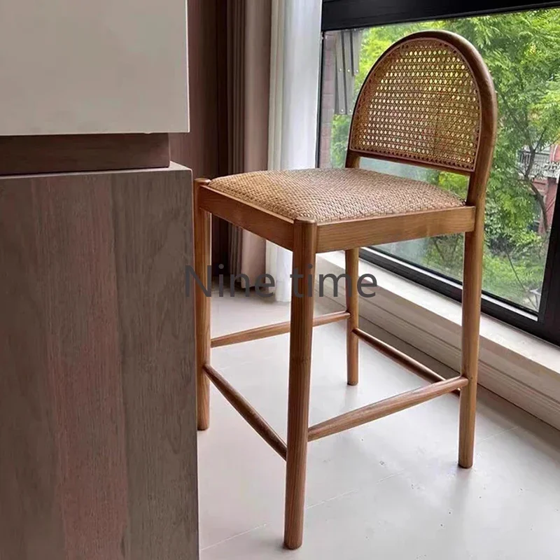 Solid Wood Rattan Kitchen Bar Chair Armchair Design Salon Chairs High Stools Beauty Counter Cafe Home Muebles Para Bar Furniture - view 5