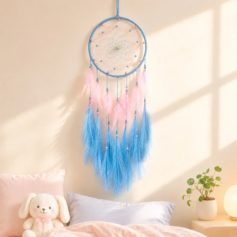 Handmade Purple Ring Dream Catcher Mint Faux Feather & Faux Pampas Tassel Wall Decor Boho Aesthetic Room Ornament Door Pendants