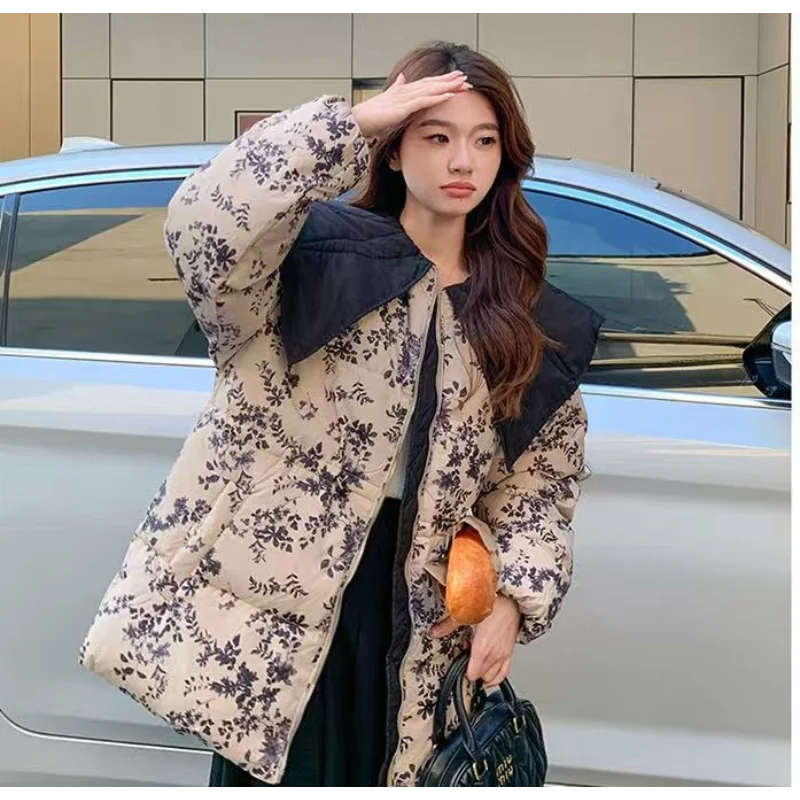Jaqueta floral com gola Peter Pan para mulheres, novo estilo de inverno, comprimento médio, cintura definida, casaco fino na moda