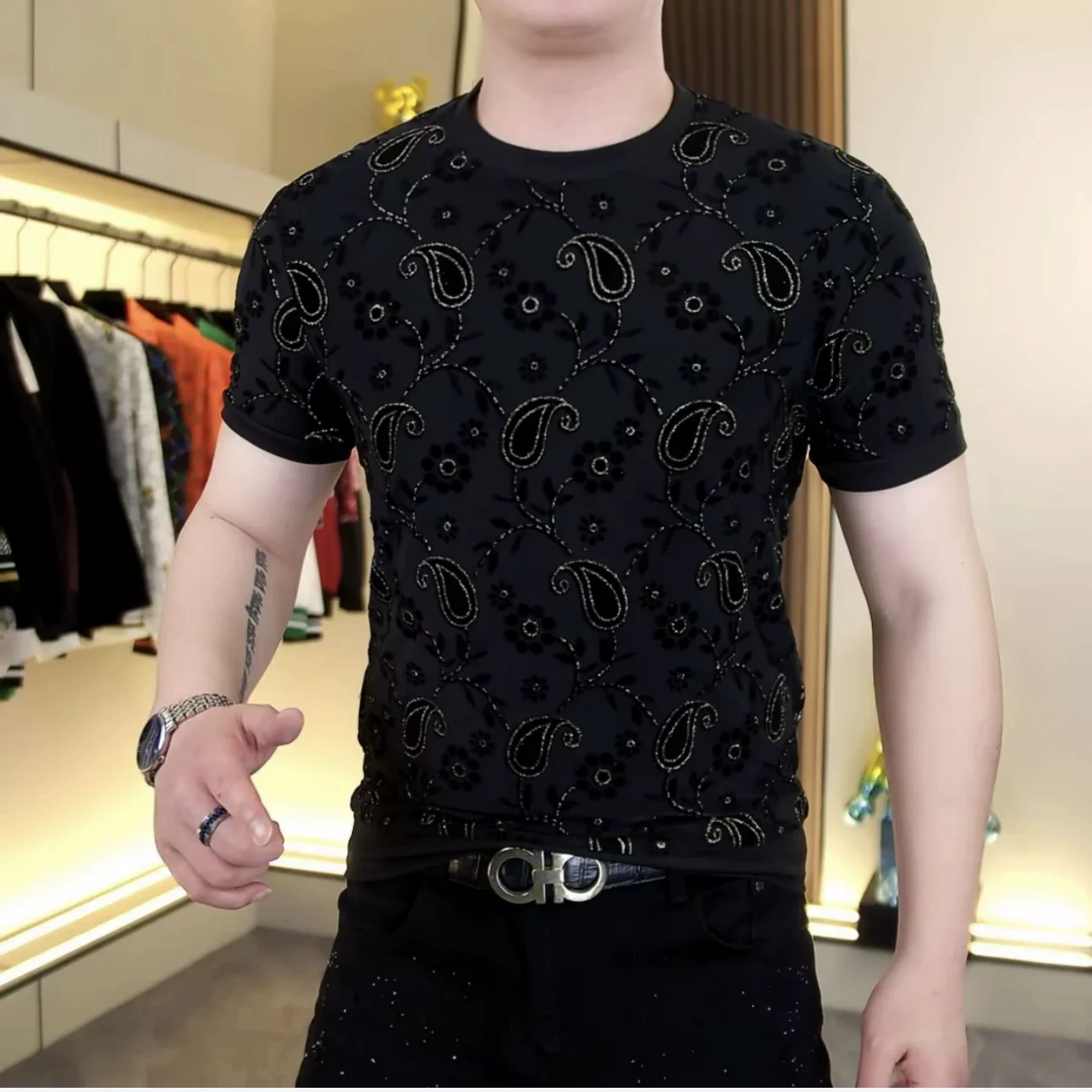 Paisley Bronzing Classy T Shirt For Men Short Sleeve Coolness Ice Summer Quality Soft Comfortable Trendy Tee Camisetas De Hombre