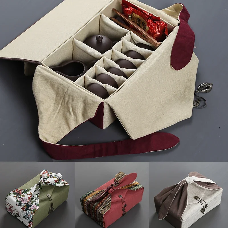 

Portable Travel Camp Chinese Style Teaware Storage Bag Handmade Linen Cloth Quick Cup Tea Cozies Handbag for Teapot Tea Tray