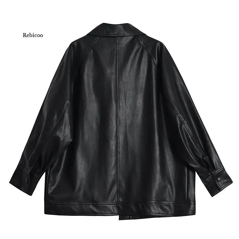 Mid-length Black PU Coats Women Faux Leather Jacket Autumn Vintage Motor Biker Jackets Elegant With Belt Waist Big Pockets Coats