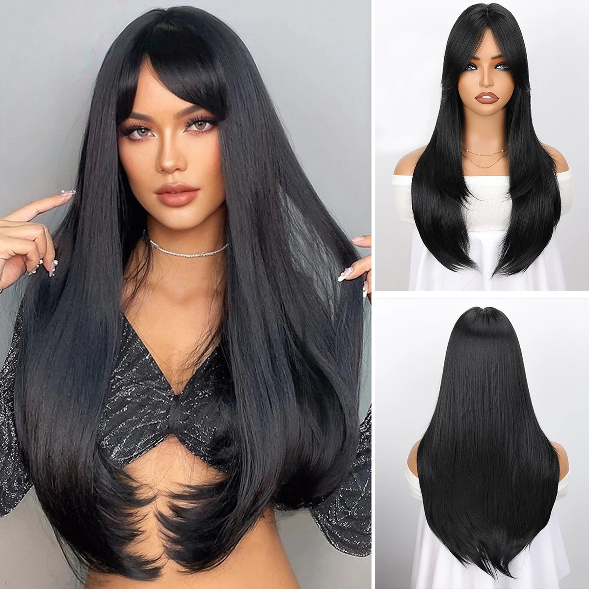 

BCHR Long Straight Wig with Bangs Black Wigs Heat Resistant Synthetic Women Wig for Daily Party Use