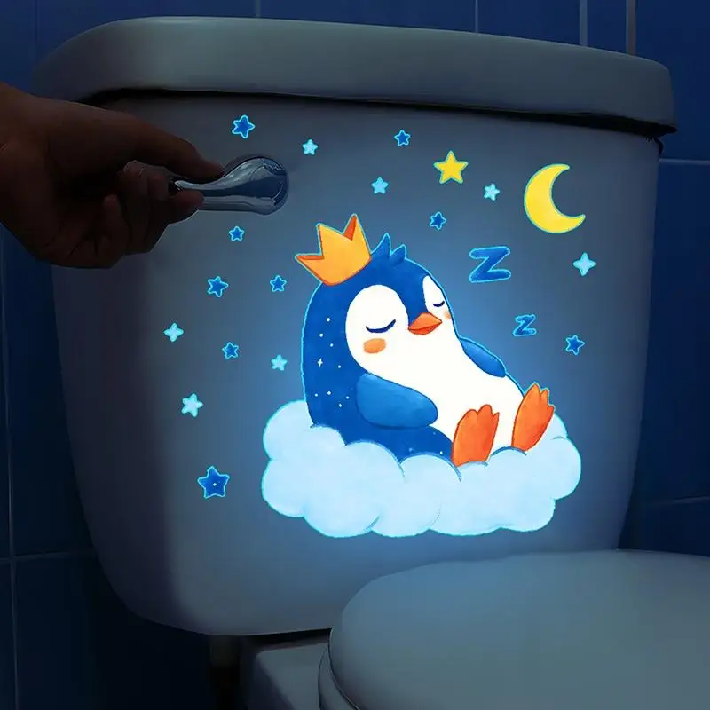 Glow in the Dark Penguin Toilet Stickers Removable PVC Self Adhesive Waterproof Kids Bathroom Wall Decal Funny Night Decor