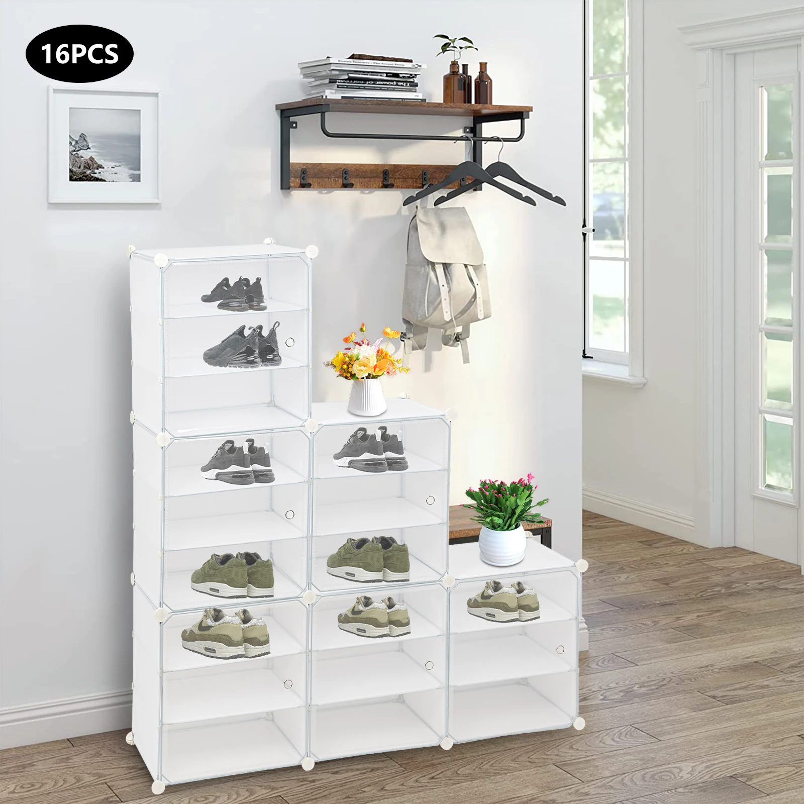 

16PCS Shoe Storage Rack 22LBS Per Layer Stackable 3 Tiers with Clear Door Removable Partitions for Home Bedroom Porch