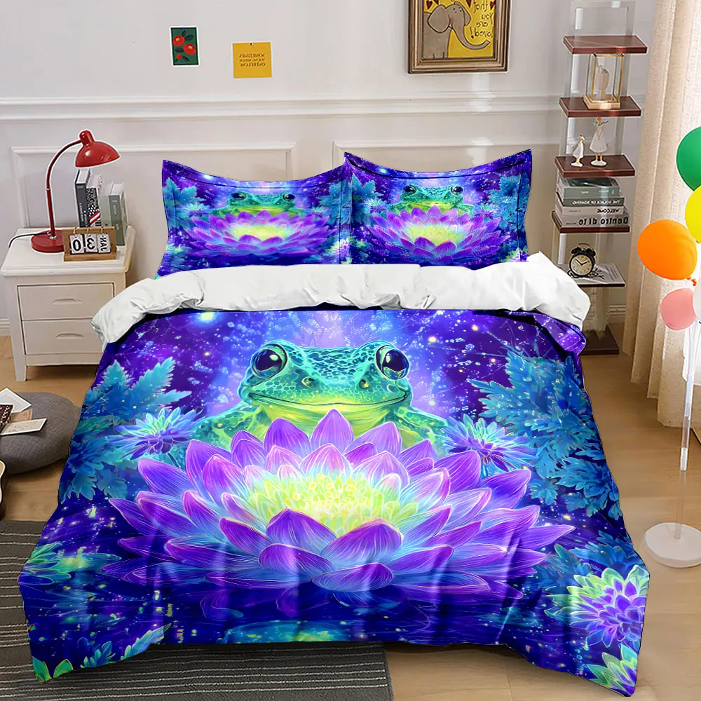 Colorful Frog and Lotus Art Bedding Set with 1 Duvet Cover 2 Pillowcases Single Double King Queen, Gift