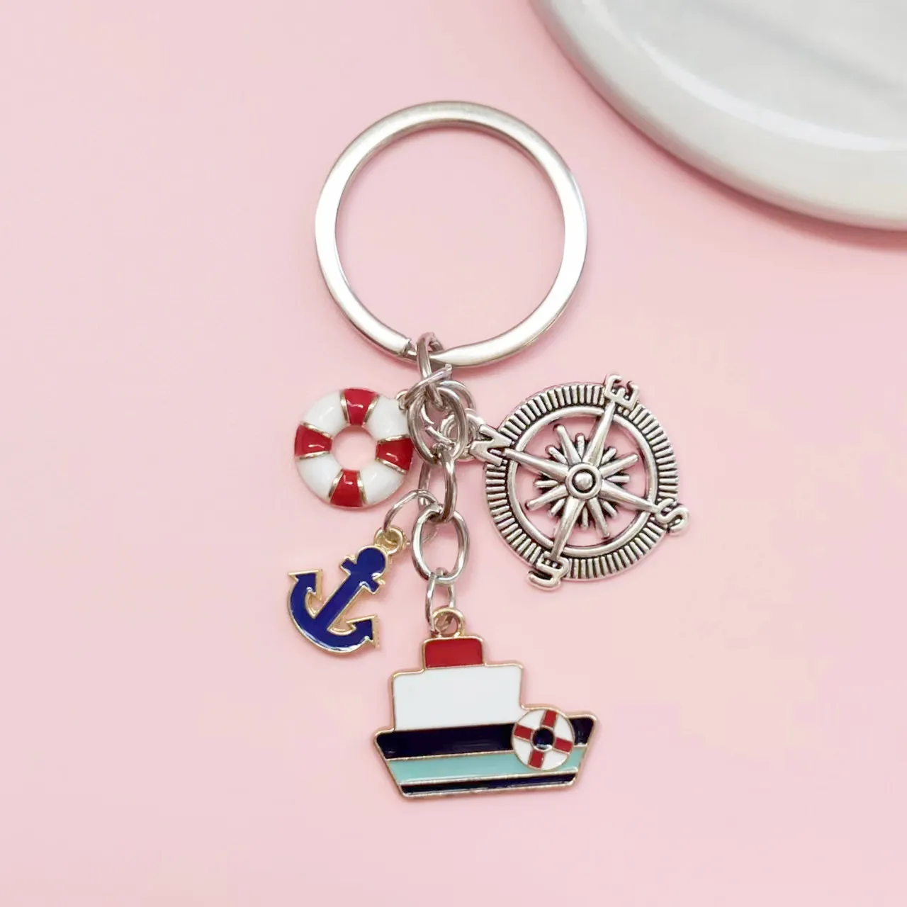 مرساة السفينة البوصلة عوامة إنقاذ العامل البحري البحر بحار سلسلة المفاتيح ، كيرينغ ، اللون الفضي ، مجوهرات رجل الإكسسوارات قلادة الموضة