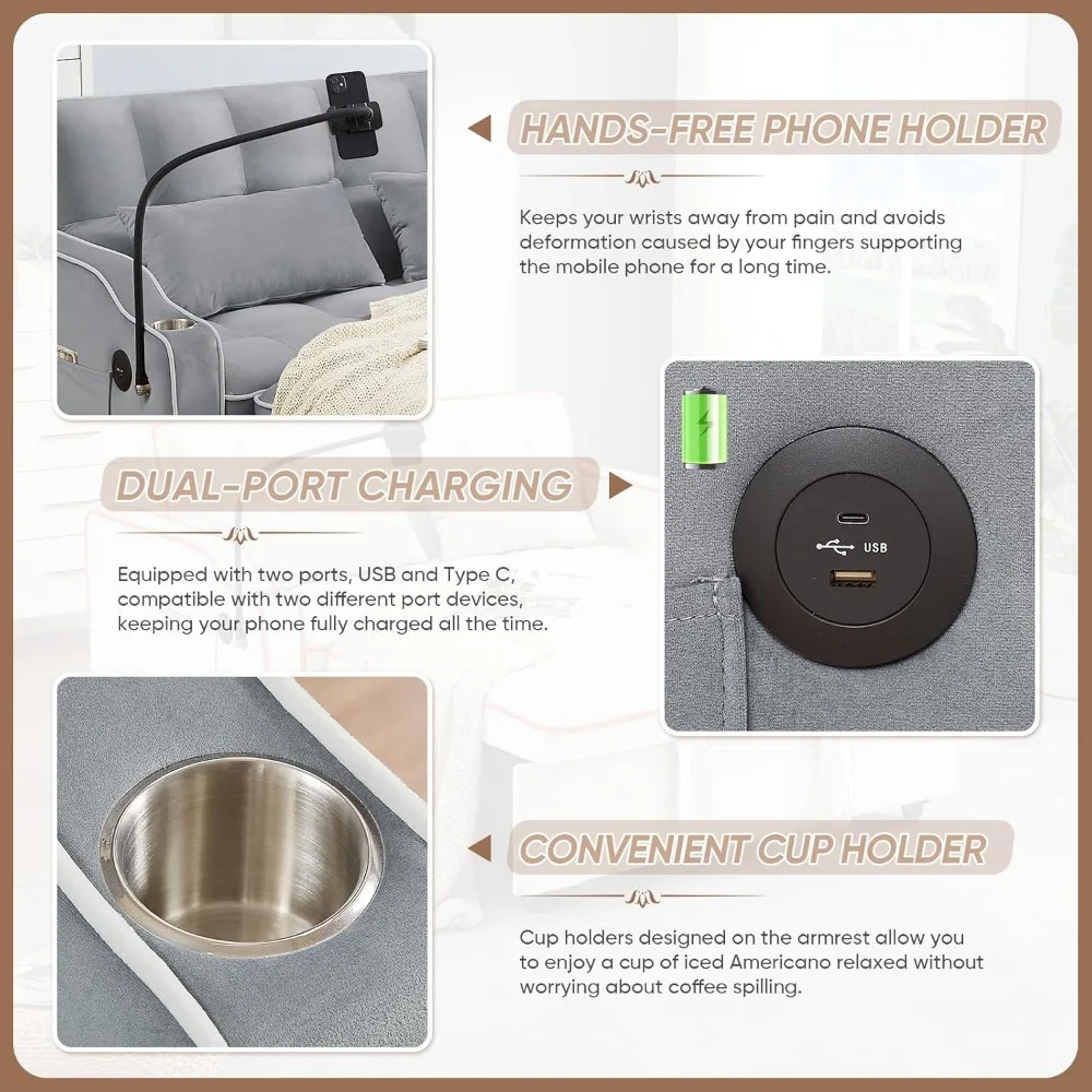 Sleeper Sofa Couch Bed with USB & Type C Port, Modern 3-in-1 Convertible Velvet Pull Out Loveseat Futon Sofa w/Phone Holder/Cup