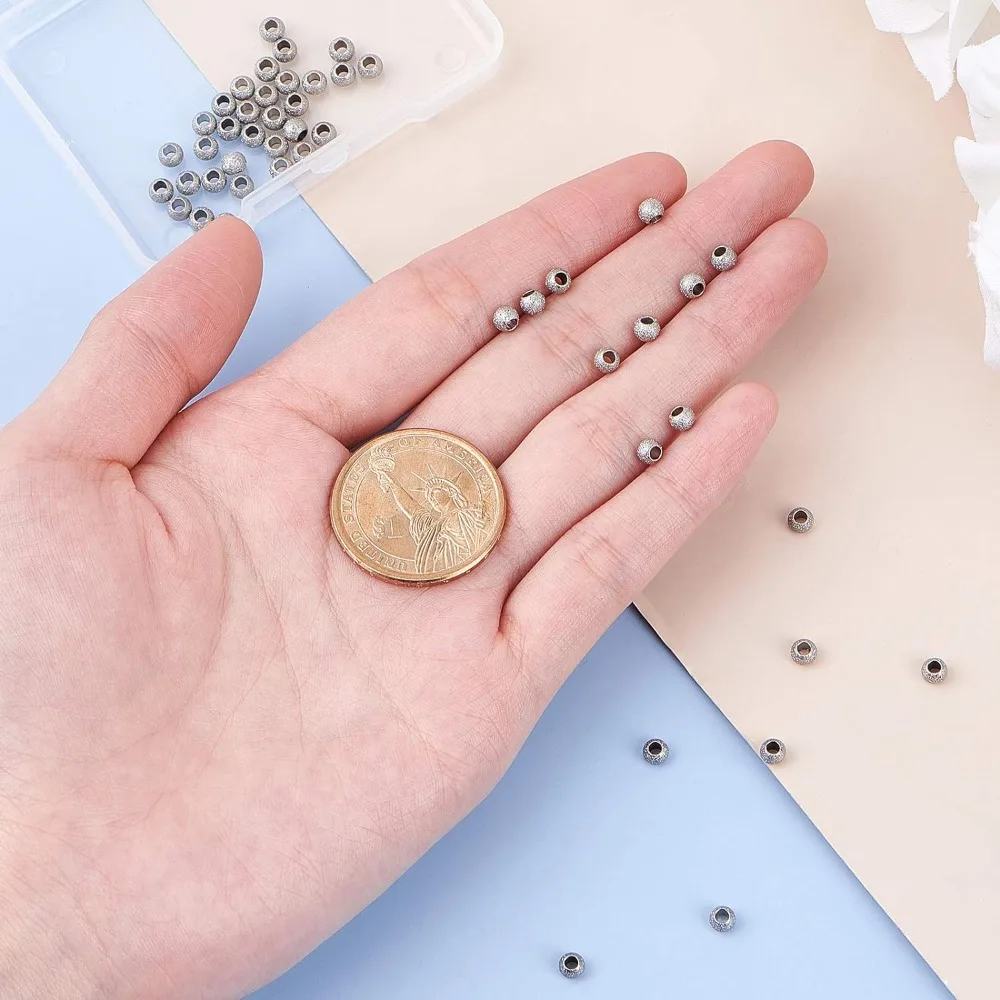 About 50pcs 2mm Hole Textured Round Beads Stainless Steel Beads Metal Beads Loose Bead 4mm Spacer Bead Finding for DIY Bracele