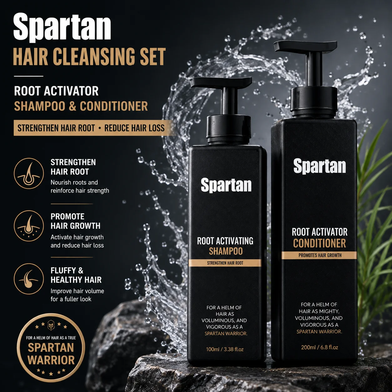 Spartan Root Activator Hair Cleansing Set - 100ml Shampoo & 200ml Conditioner for Strengthening Roots, Volumizing Anti-Hair Loss