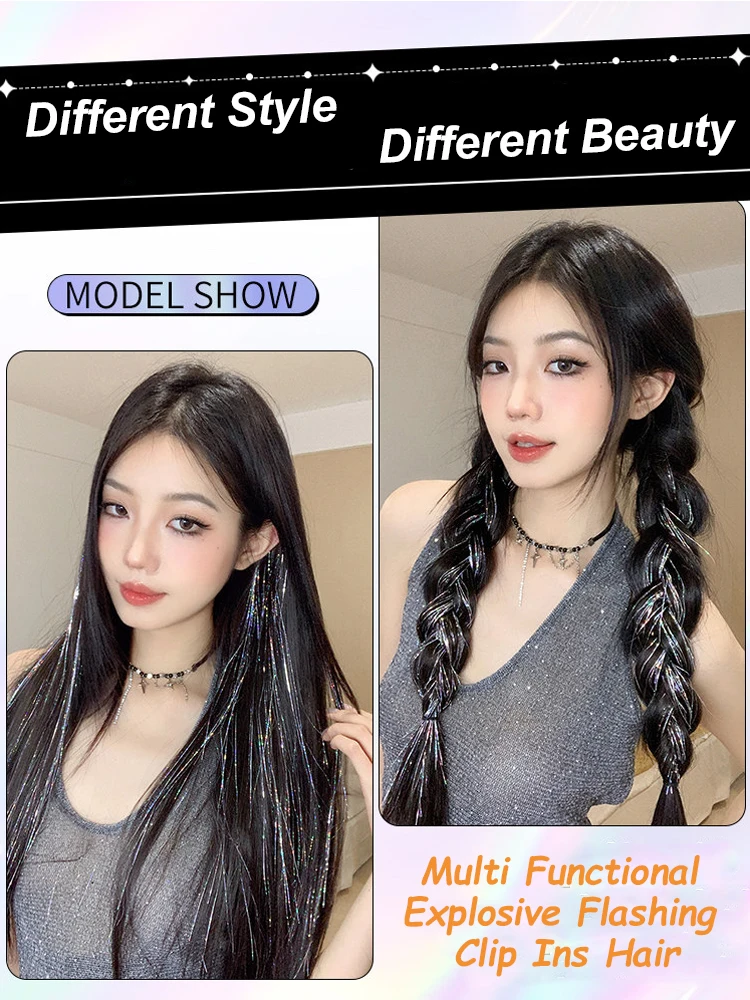 Image 6: Extensions de cheveux synthétiques laser teintes à l'oreille de 20 pouces avec clips BB sans couture, postiche brillant en tinsel pour filles