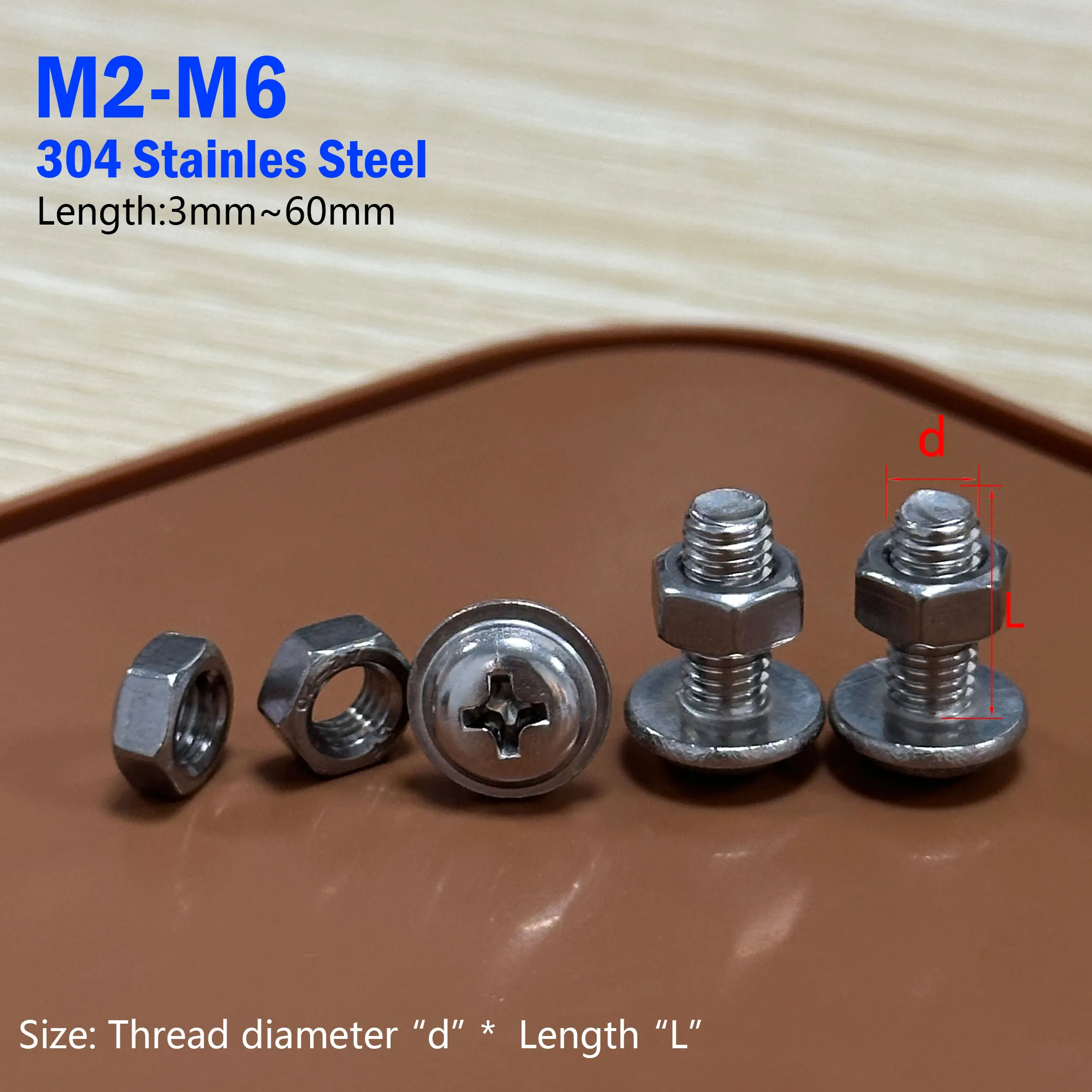 DIN967 Cross Phillips Pan Round Head with Washer Collar Screw Bolt Nut Set M2M2.5M3M4M5M6 304 Stainless Steel Length: 3 Mm–60 Mm
