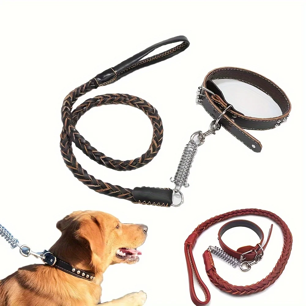 

Leather Dog Leash and Collar Set with Damping Spring, Hand-Washable, Braided Heavy Duty for Medium and Large Dogs