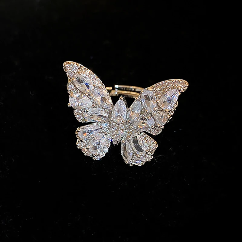 Luxury Zircon Butterfly Open Ring for Women Light Luxury New Index Finger Adjustable Ring Senior Sense Charm Hand Accessories