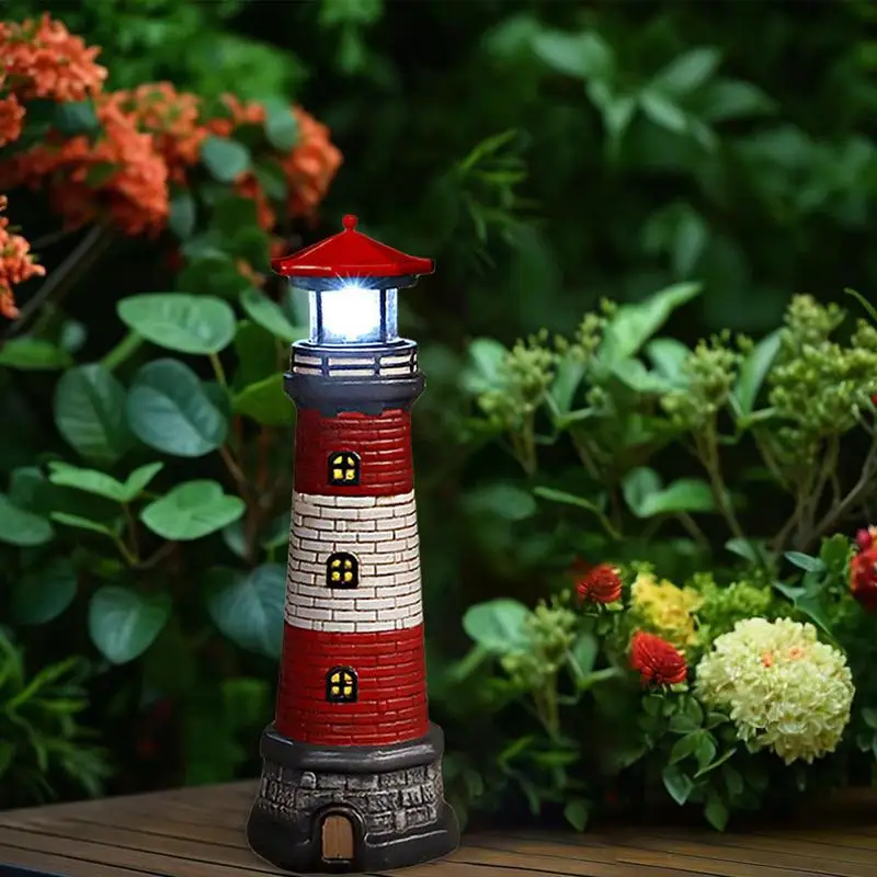 Garden Lighthouse Statue Solar Charging Lighthouse Resin LED Statue Lawn Yard Ornament Weatherproof With Rotating Lights For