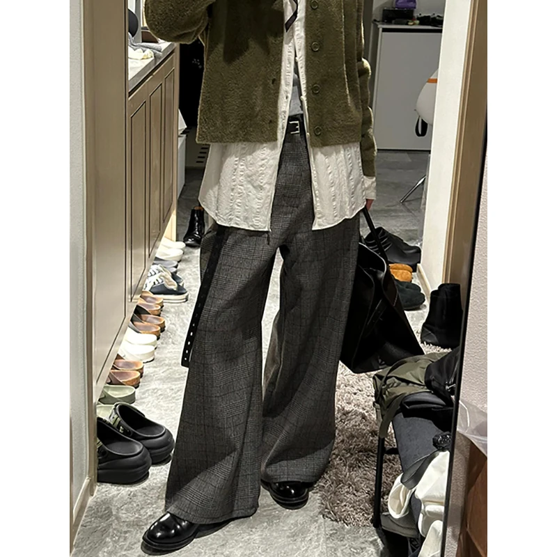 

PBAP Women Checkered Draped Long Suit Trousers Vintage High Waist Tartan Wide Leg Bootcut Pants Work Casual Office Lady Clothes